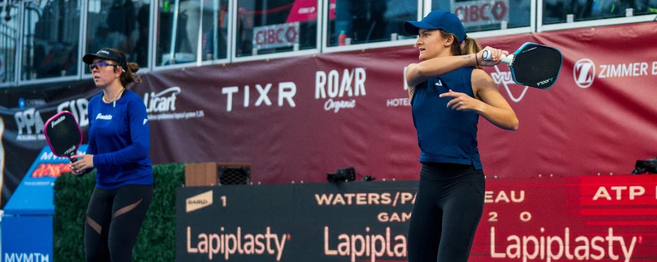 Lacy Schneemann and Jorja Johnson competing at the CIBC PPA Tour Finals presented by ROAR Organic.