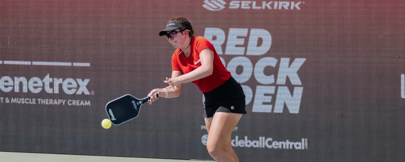 Jorja Johnson hits a pickleball forehand.