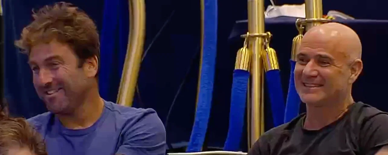 Justin Gimelstob and Andre Agassi on Thursday at the Fontainebleau.