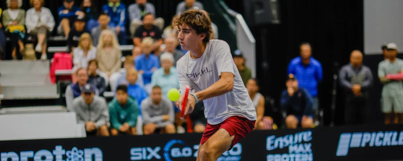 Gabe Tardio hits a pickleball backhand.